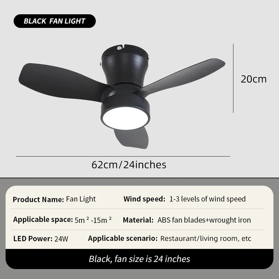62cm Embedded Ceiling Fan with Remote Control and Light, 24W, Small Silent Fan Suitable for Bedrooms, Dining Rooms, Kitchens
