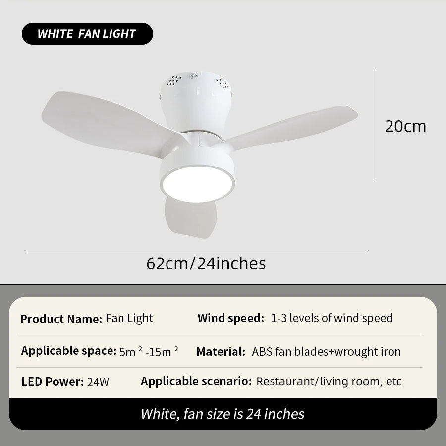 62cm Embedded Ceiling Fan with Remote Control and Light, 24W, Small Silent Fan Suitable for Bedrooms, Dining Rooms, Kitchens