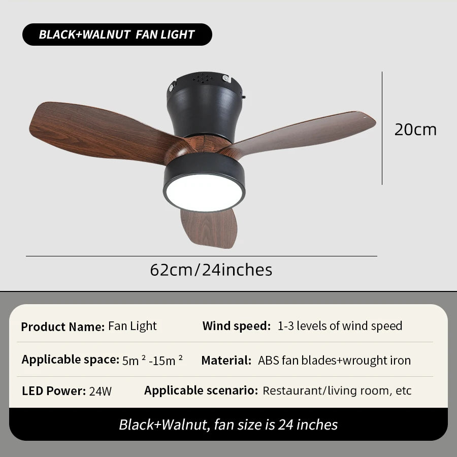 62cm Embedded Ceiling Fan with Remote Control and Light, 24W, Small Silent Fan Suitable for Bedrooms, Dining Rooms, Kitchens
