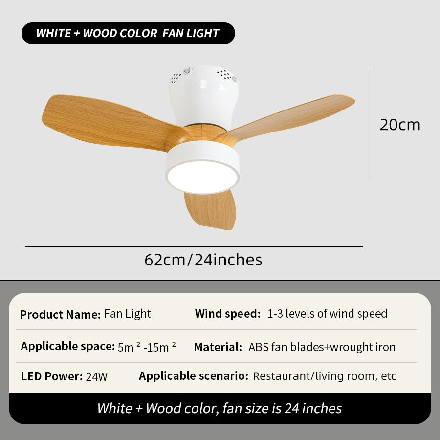 62cm Embedded Ceiling Fan with Remote Control and Light, 24W, Small Silent Fan Suitable for Bedrooms, Dining Rooms, Kitchens