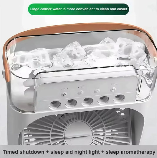 Tragbarer Ventilator für den Haushalt, drei in einem kleinen Luftkühlventilator, LED-Nachtlicht, 5-Loch-Luftbefeuchter, 1-Stunden-Timer